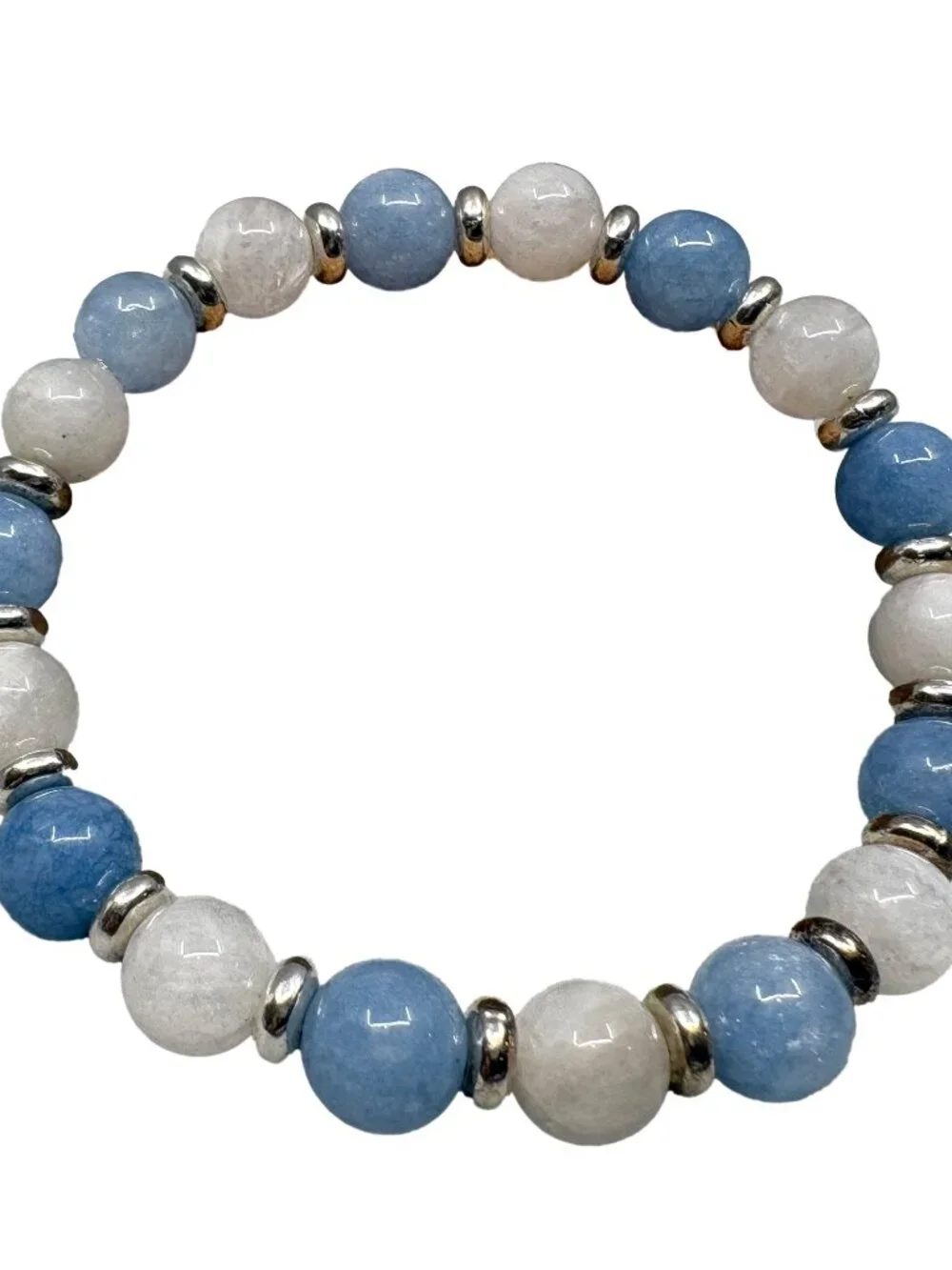 8mm Natural Aquamarine White Moonstone Gemstone Stretch Bracelet Silver Bead